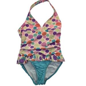 Op Swimsuit Girls Size 14-16 Multicolor Polka Dot One Piece Halter Ruffle Teal